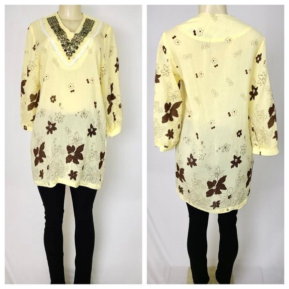 Yellow & Brown Floral Print Tunic Small - Picture 2 of 4